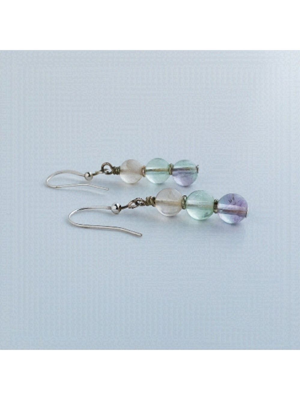 Multicolor Rainbow Fluorite Earrings Drop Dangle Silver Tone Round Natural Stone